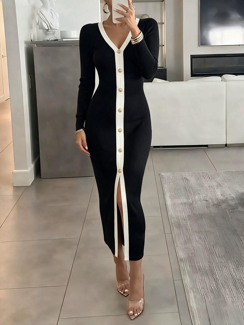 ZARA Long Sleeve Contrast Color Knit Bodycon Dress Slim Fit Pencil Dress